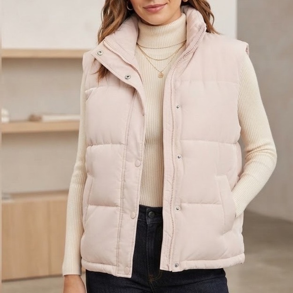 A New Day Womens Puffer Vest Blush Pink Quilted Zip Snap Front XS